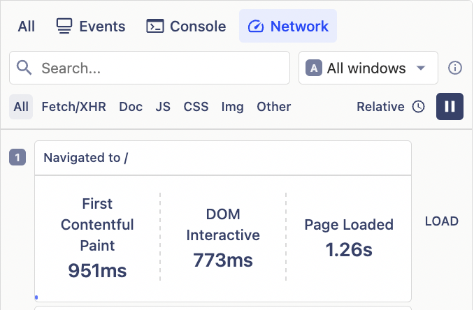 A screenshot of the network tab showing example values for First Contentful Paint, DOM interactive, and Page Loaded