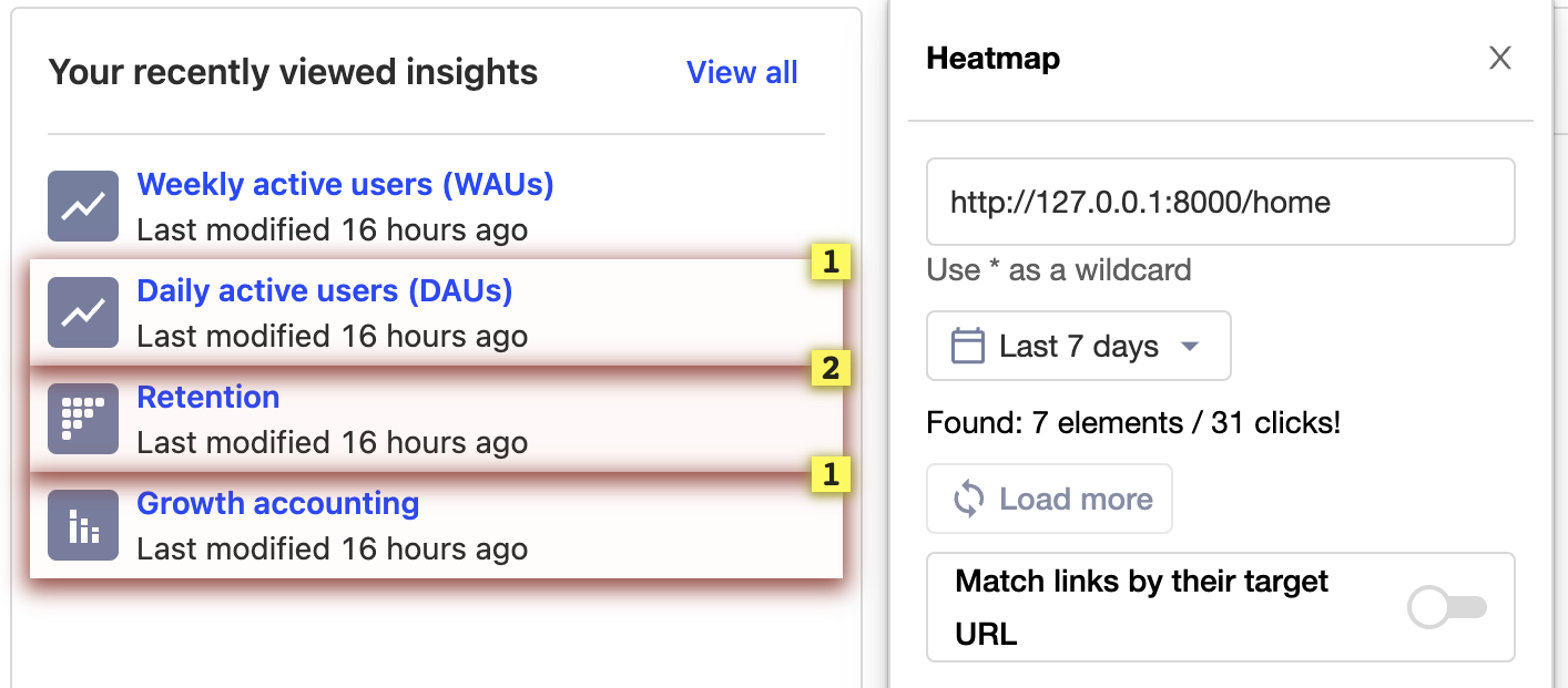the list of recent insights showing several clicks