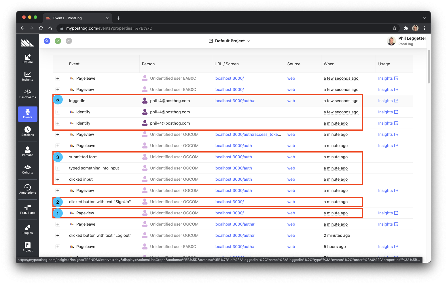 Mapping events in PostHog to the sign up funnel