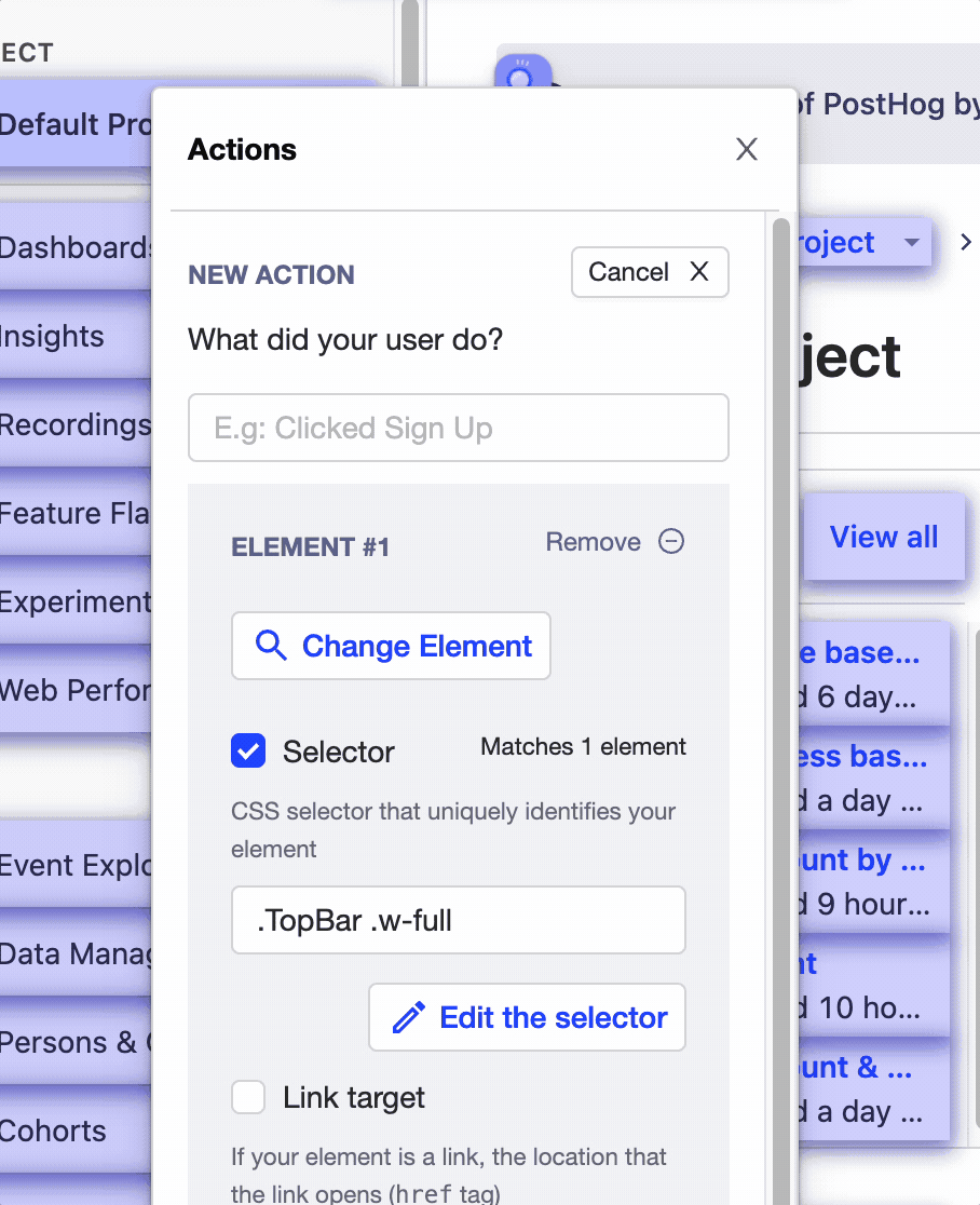 The create action modal showing the selector text box being used to edit the selector